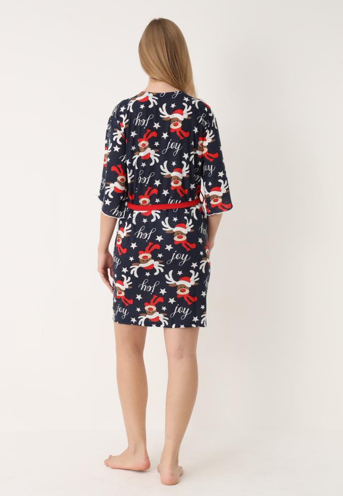 Halat dama Craciun,maneci 3/4,imprimeu reni ,culoare bleumarin ,En-gros